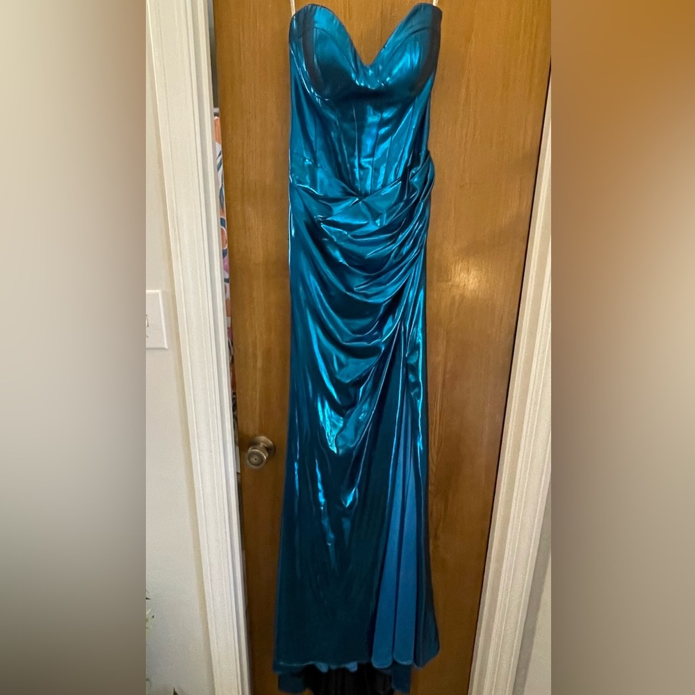 Sherri Hill Strapless Metallic Blue Dress - Picture 4 of 5